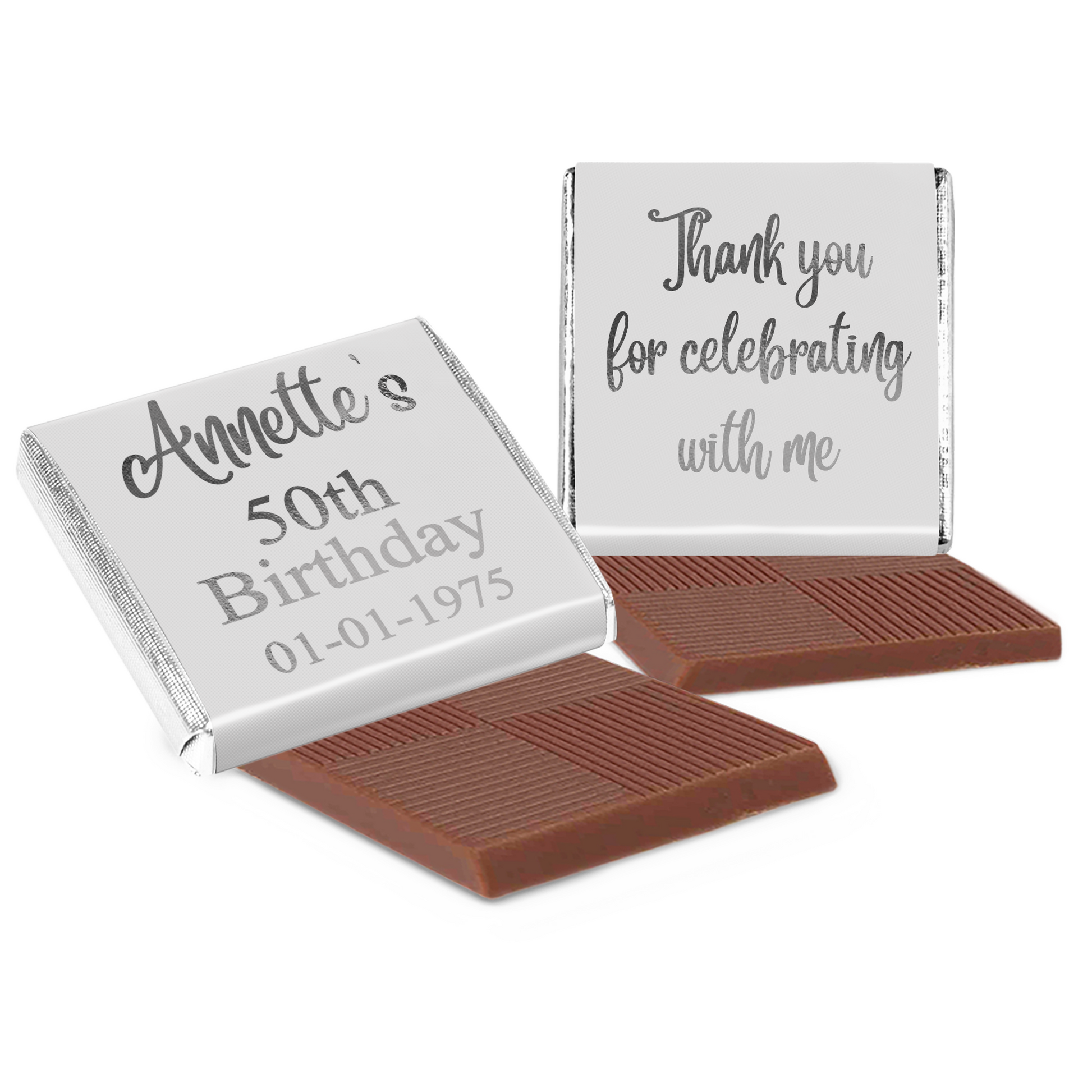 Personalised Birthday Chocolates White Wrapper with Silver Foil Print